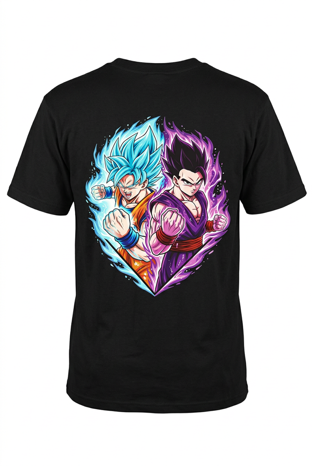 Polo negro estampado anime azul y morado