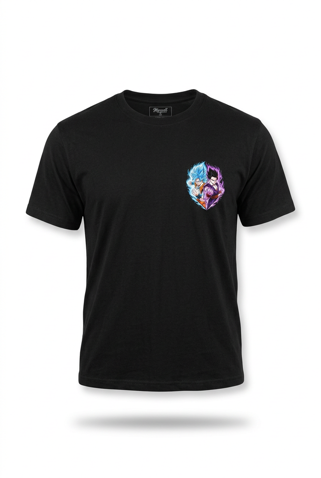 Polo negro estampado anime azul y morado